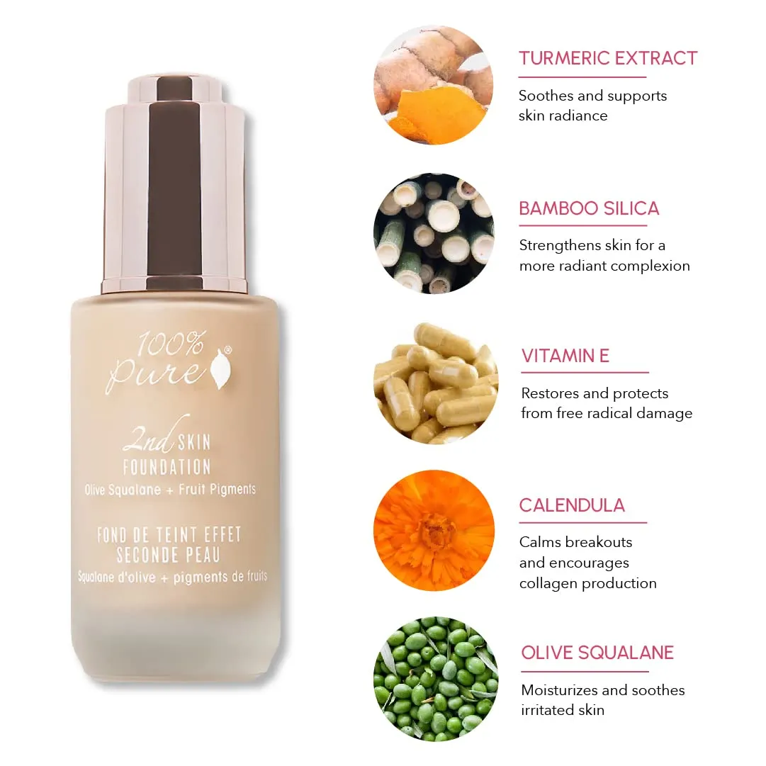 100% PURE 2nd Skin Lightweight Serum Foundation Anti-Aging Face Makeup - Blendable Coverage Liquid Hydration Boost for Soft Plumped Up Glow, Vegan Shade 1 (Neutral w/Yellow Undertone) - 1.18 Fl Oz