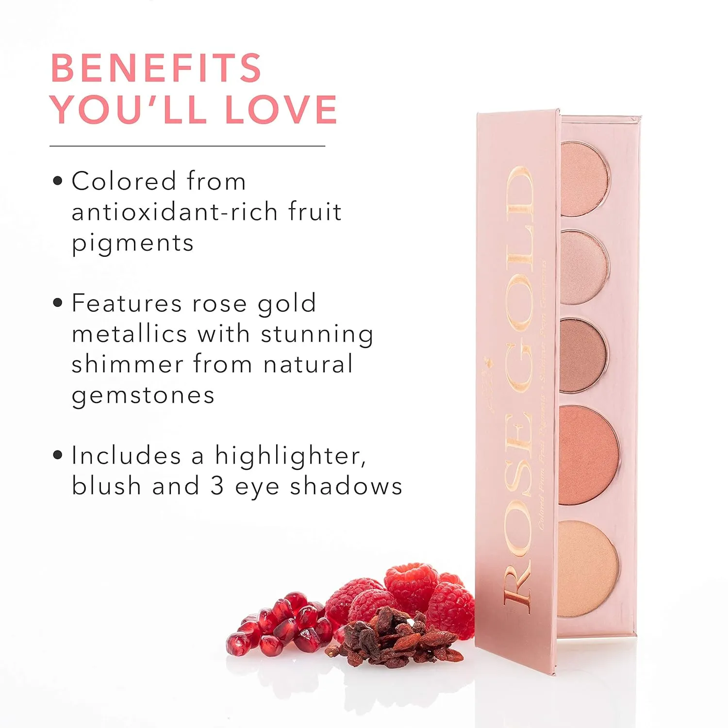 100% PURE Rose Gold Makeup Palette All in One Compact 3 Eyeshadow, Blush, Face Highlighter, Fruit Pigmented Natural Warm Metallic Shimmer for All Skin Types - Vegan (Glowy Rose Gold Metallics)