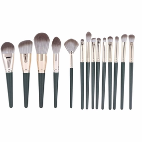 14Pcs Makeup Brush Set for Beginners, Dark Green Fiber Wood Handle Blush Eyeshadow Foundation Blending Tools, Professional Cosmetic Brushes Kit