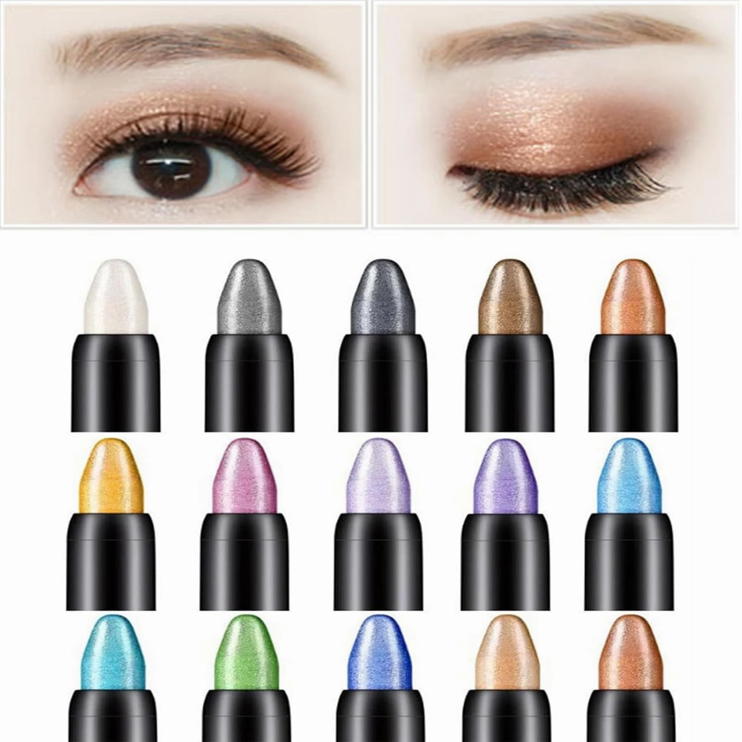 15Pcs Cream Eyeshadow Sticks Set for Eyes,2024 New Highlighter Eyeshadow Pencil Waterproof Glitter Eye Shadow Eyeliner Pen, Waterproof Eyeshadow Shimmer Stick, Long Lasting, Gold