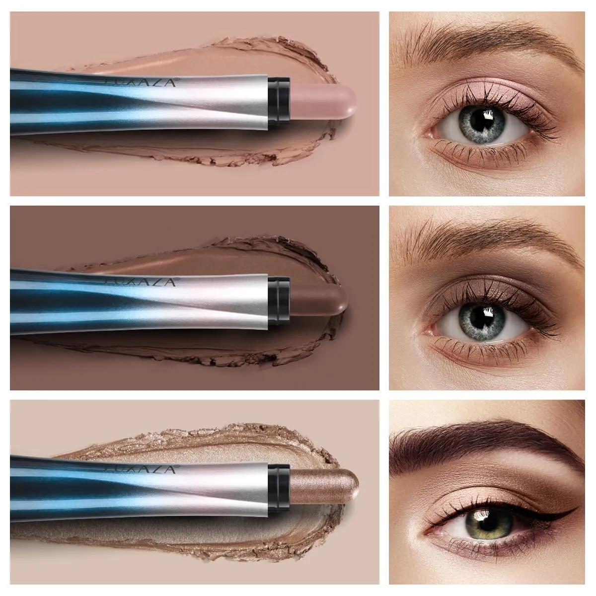 24H Longwear Cream Eyeshadow Stick,3 PCS Metallic Brown Eyeshadow Pencil Crayon Eye Brightener Stick Set Brown