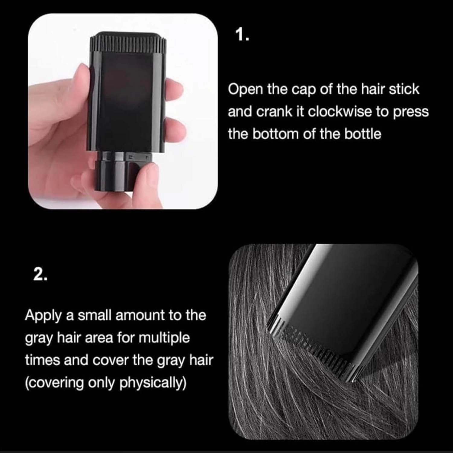 2PCS White Hair Concealer Stick, White Hair Concealer Stick for Women, Portable Hair Color Touch-UpStick with Comb, Waterproof and Sweat-Proof Hair DyeStick (#Black, 2PCS)