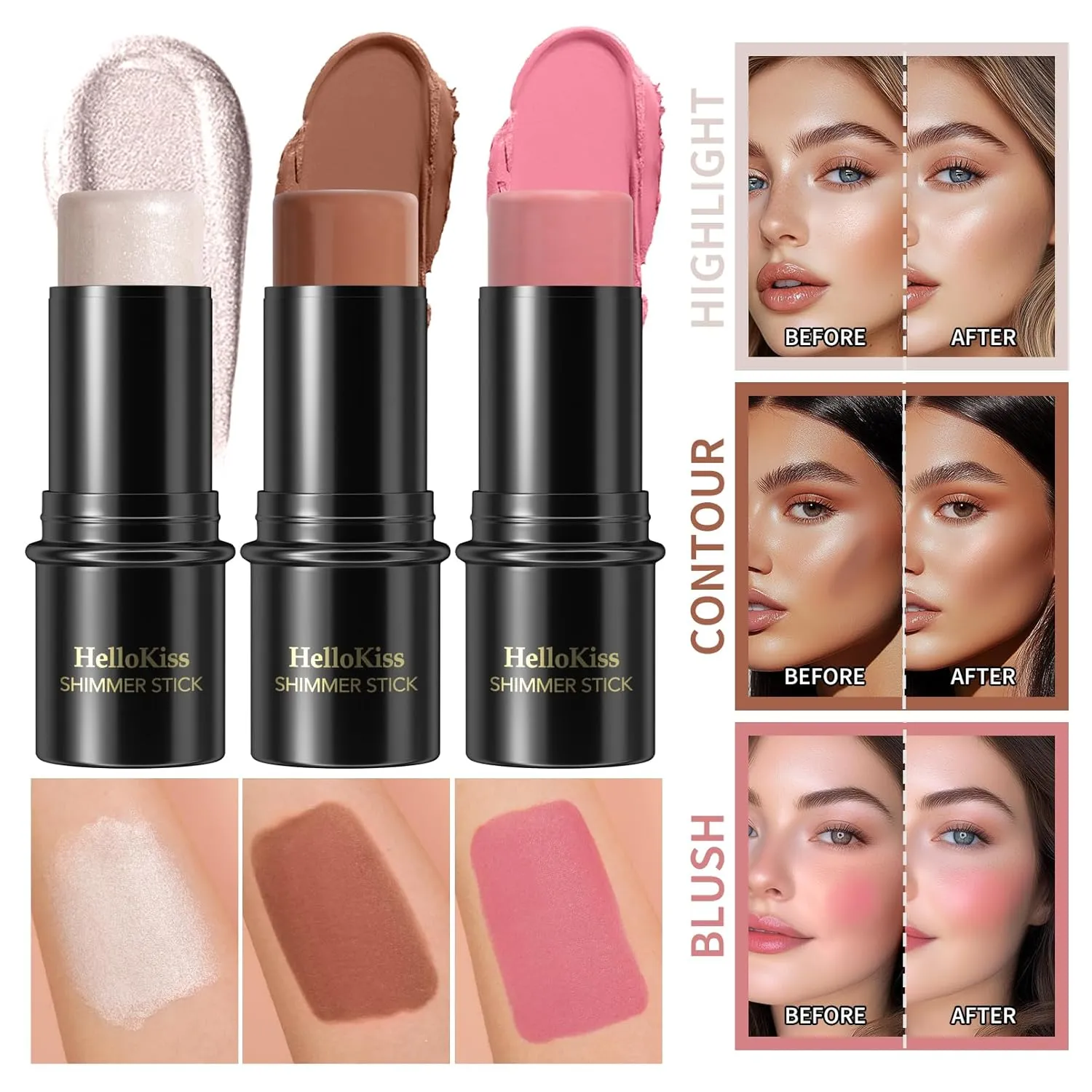 3Pcs Cream Contour Stick Makeup Kit, Shades with Highlighter, Blush and Bronzer Contour Stick for Cheeks, Lips, Eyes, Natural Face Contouring, Long Lasting, Waterproof, Matte Finish (Set B, S)