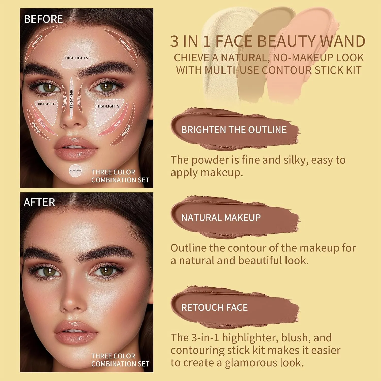 3Pcs Cream Contour Stick Makeup Kit, Shades with Highlighter, Blush and Bronzer Contour Stick for Cheeks, Lips, Eyes, Natural Face Contouring, Long Lasting, Waterproof, Matte Finish (Set B, S)