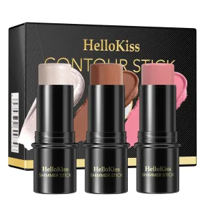 3Pcs Cream Contour Stick Makeup Kit, Shades with Highlighter, Blush and Bronzer Contour Stick for Cheeks, Lips, Eyes, Natural Face Contouring, Long Lasting, Waterproof, Matte Finish (Set B, S)