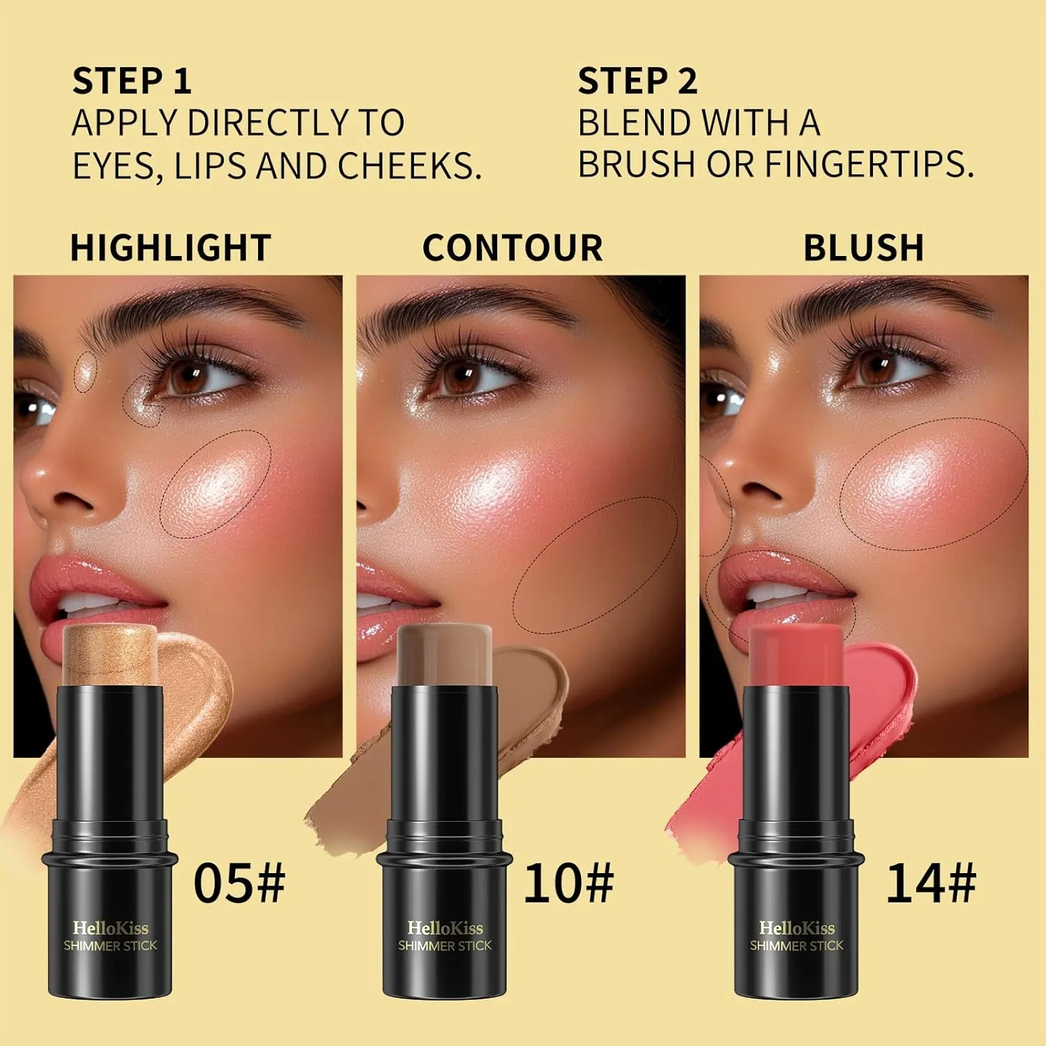 3Pcs Cream Contour Stick Makeup Kit, Shades with Highlighter, Blush and Bronzer Contour Stick for Cheeks, Lips, Eyes, Natural Face Contouring, Long Lasting, Waterproof, Matte Finish (Set C, S)
