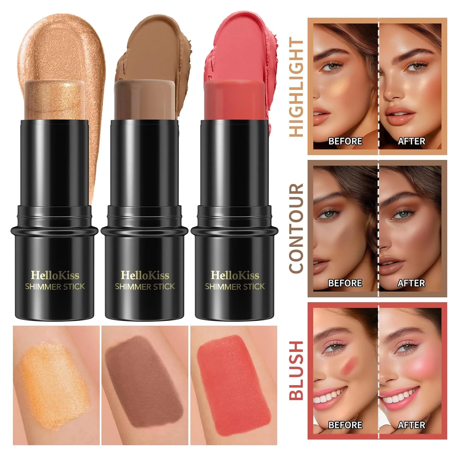 3Pcs Cream Contour Stick Makeup Kit, Shades with Highlighter, Blush and Bronzer Contour Stick for Cheeks, Lips, Eyes, Natural Face Contouring, Long Lasting, Waterproof, Matte Finish (Set C, S)