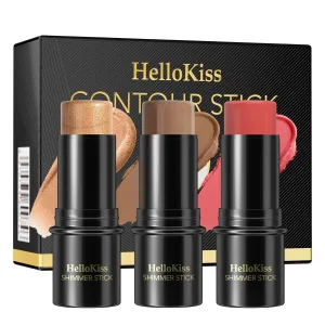 3Pcs Cream Contour Stick Makeup Kit, Shades with Highlighter, Blush and Bronzer Contour Stick for Cheeks, Lips, Eyes, Natural Face Contouring, Long Lasting, Waterproof, Matte Finish (Set C, S)