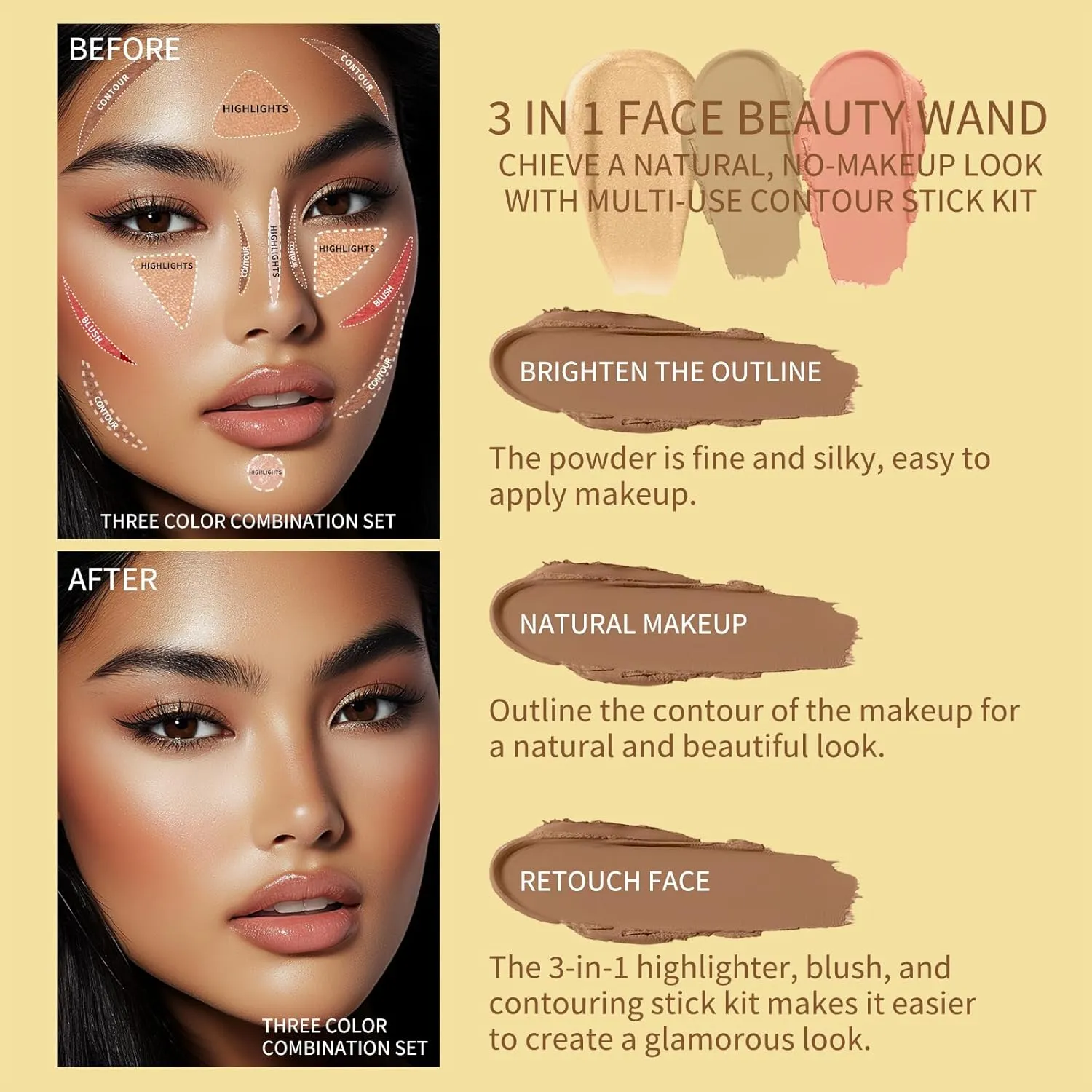 3Pcs Cream Contour Stick Makeup Kit, Shades with Highlighter, Blush and Bronzer Contour Stick for Cheeks, Lips, Eyes, Natural Face Contouring, Long Lasting, Waterproof, Matte Finish (Set C, S)
