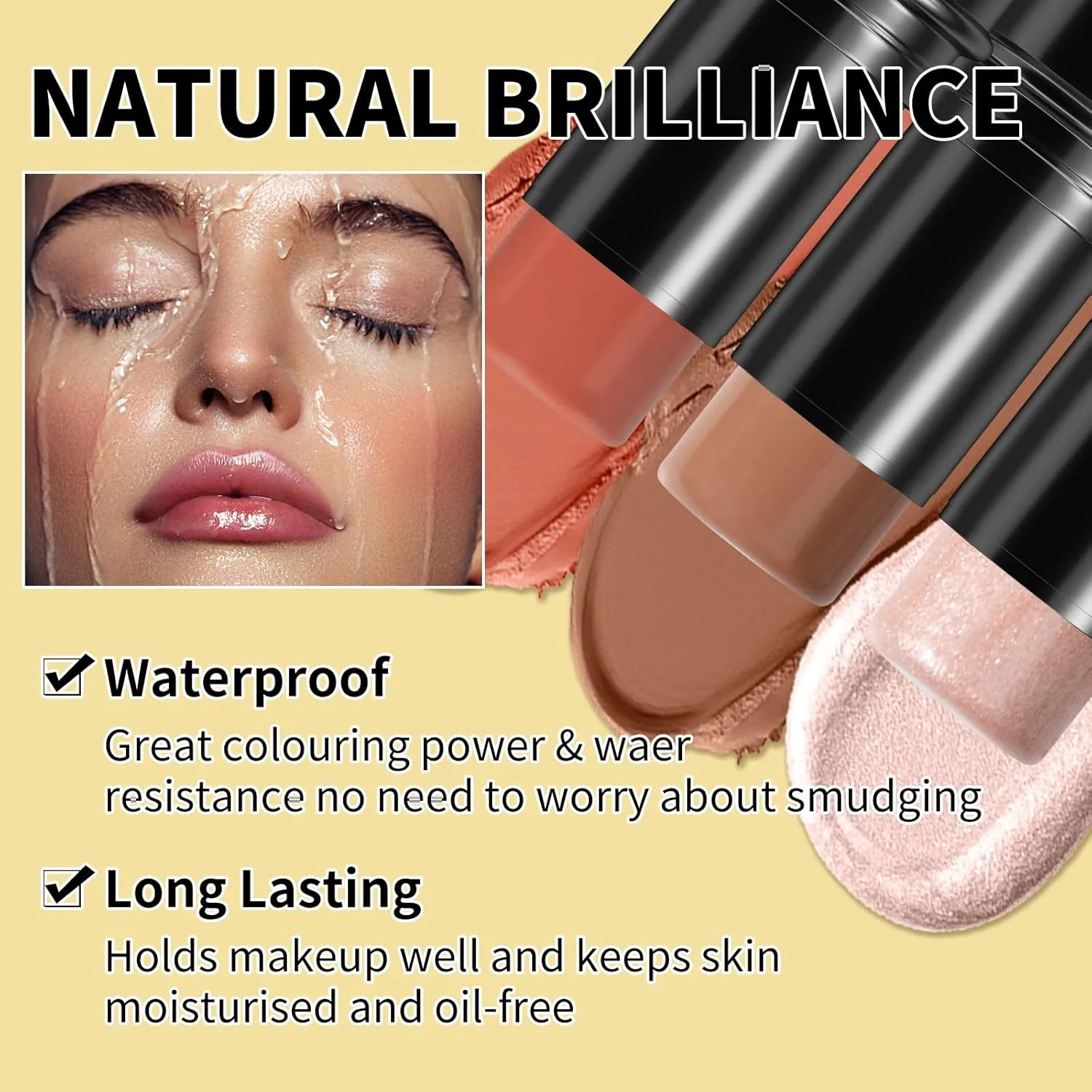 3Pcs Cream Contour Stick Makeup Kit, Shades with Highlighter, Blush and Bronzer Contour Stick for Cheeks, Lips, Eyes, Natural Face Contouring, Long Lasting, Waterproof, Matte Finish (Set C, S)