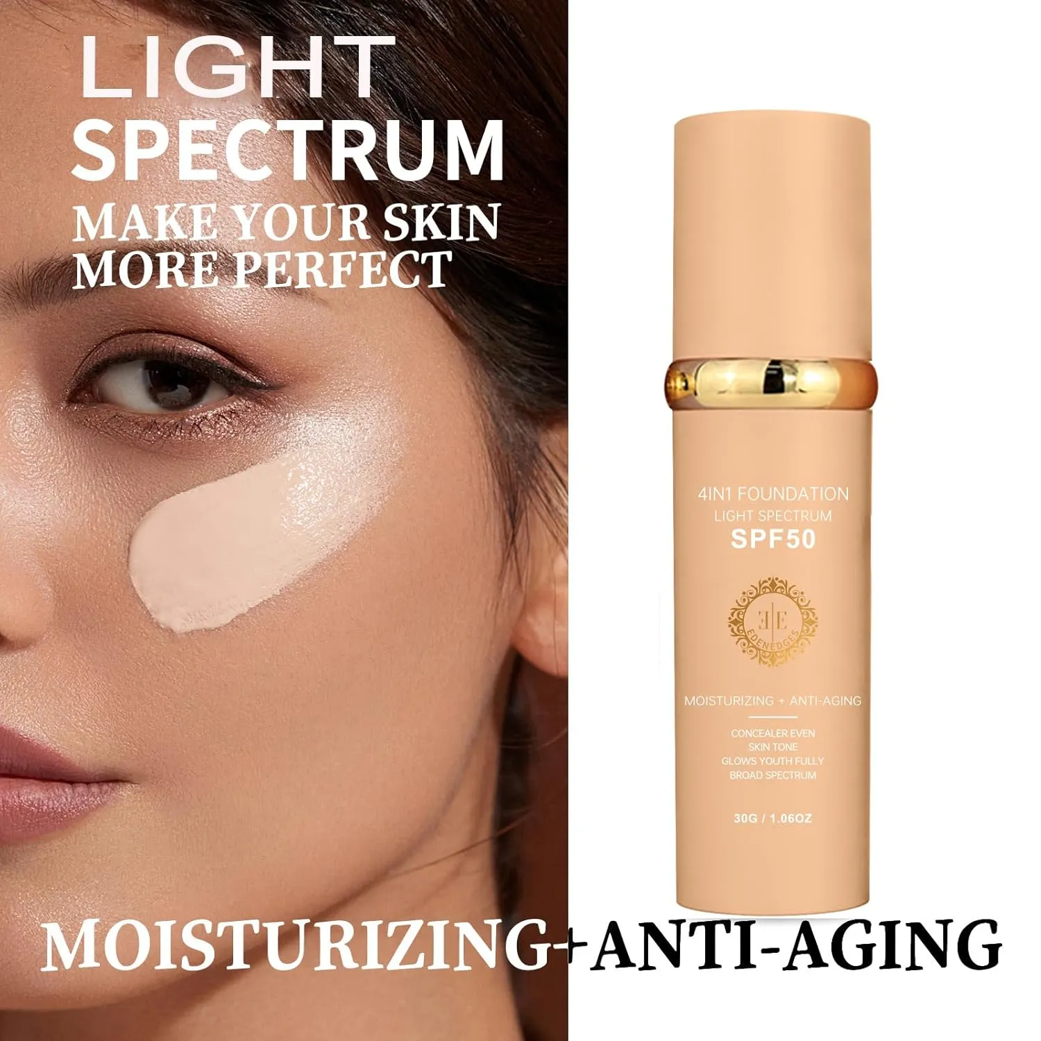 4-in-1 Foundation Hydrating Light/Medium Spectrum,Match Cosmetics Full Coverage Lotion Foundation, Protecting from Sun with SPF 50 , 4-in-1 Concealer Waterproof (Light, Spectrum)