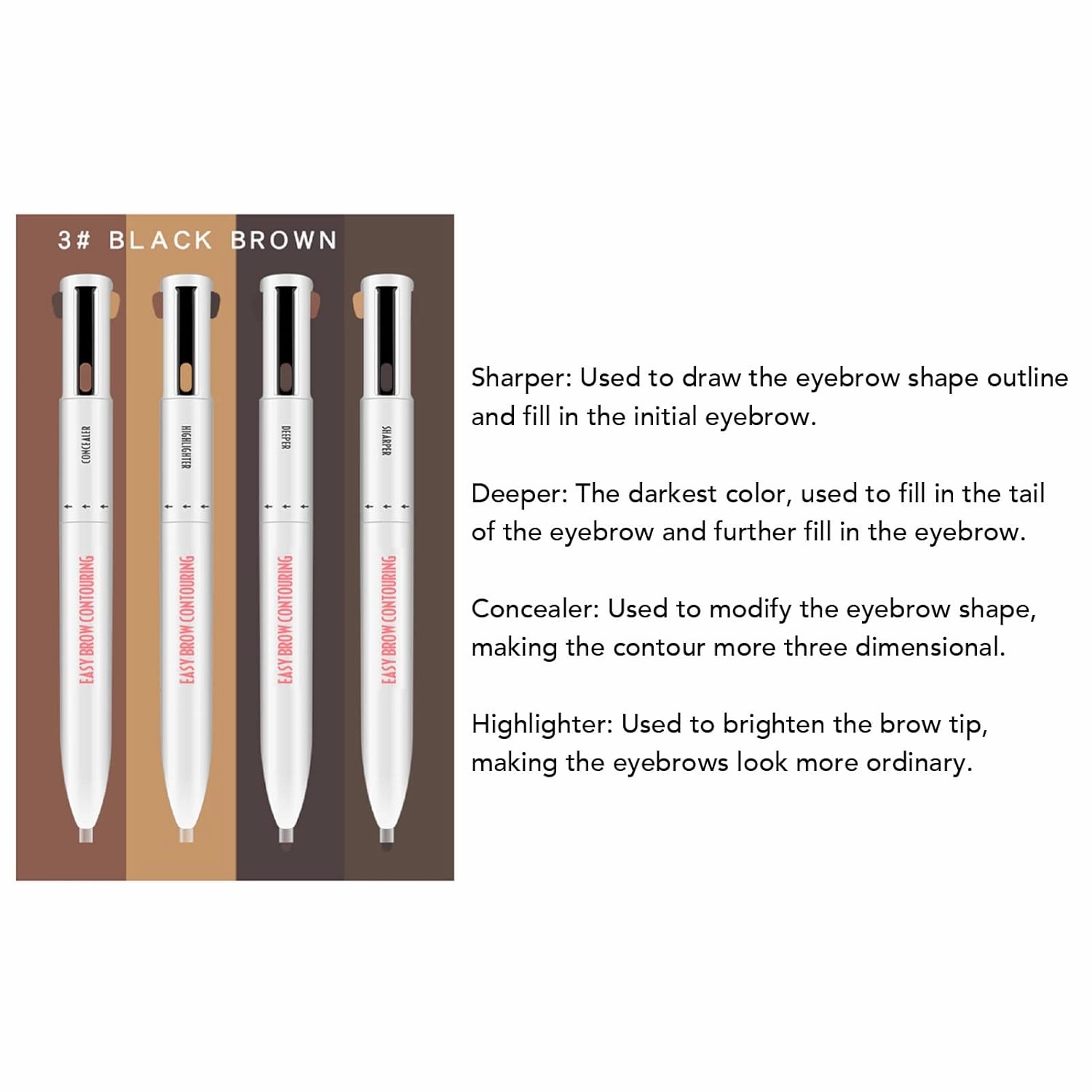 4 In1 Eyebrow Highlight Pen, Eyebrow Pencil, Lasting Eye Makeup Beauty Tool, Brow Defining Pencil (3# Black Brown)