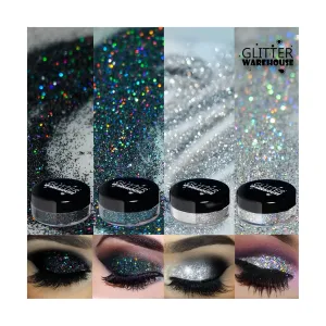 4pc GlitterWarehouse Holographic Loose Glitter Eye Shadow Powder Platinum Diamond Silver, Diamond Black Smoky (20g Jars)