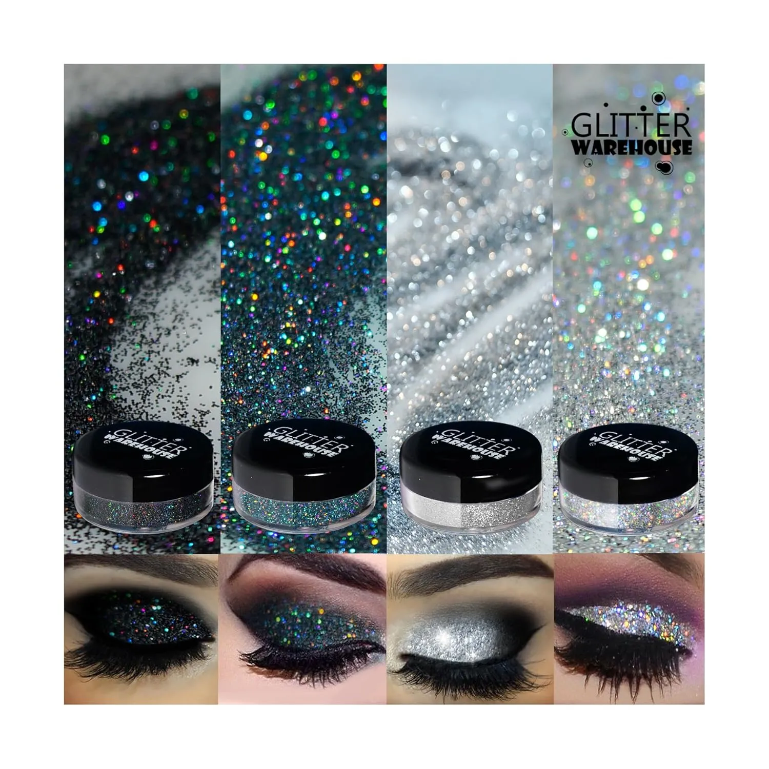 4pc GlitterWarehouse Holographic Loose Glitter Eye Shadow Powder Platinum Diamond Silver, Diamond Black Smoky (20g Jars)
