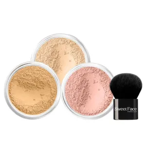 4pc (WARM Neutral Shade-Most Popular) KIT w/KABUKI BRUSH Mineral Makeup Matte Loose Powder Foundation Concealer Blush Long Lasting Bare Face Cosmetics