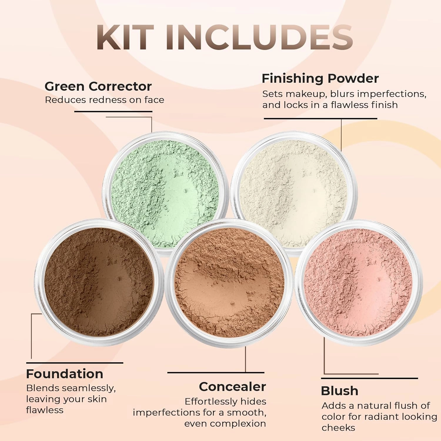 5pc KIT Mineral Makeup Bare Face Set Full Coverage Concealer Blush Foundation Illuminating Powder (Ebony)