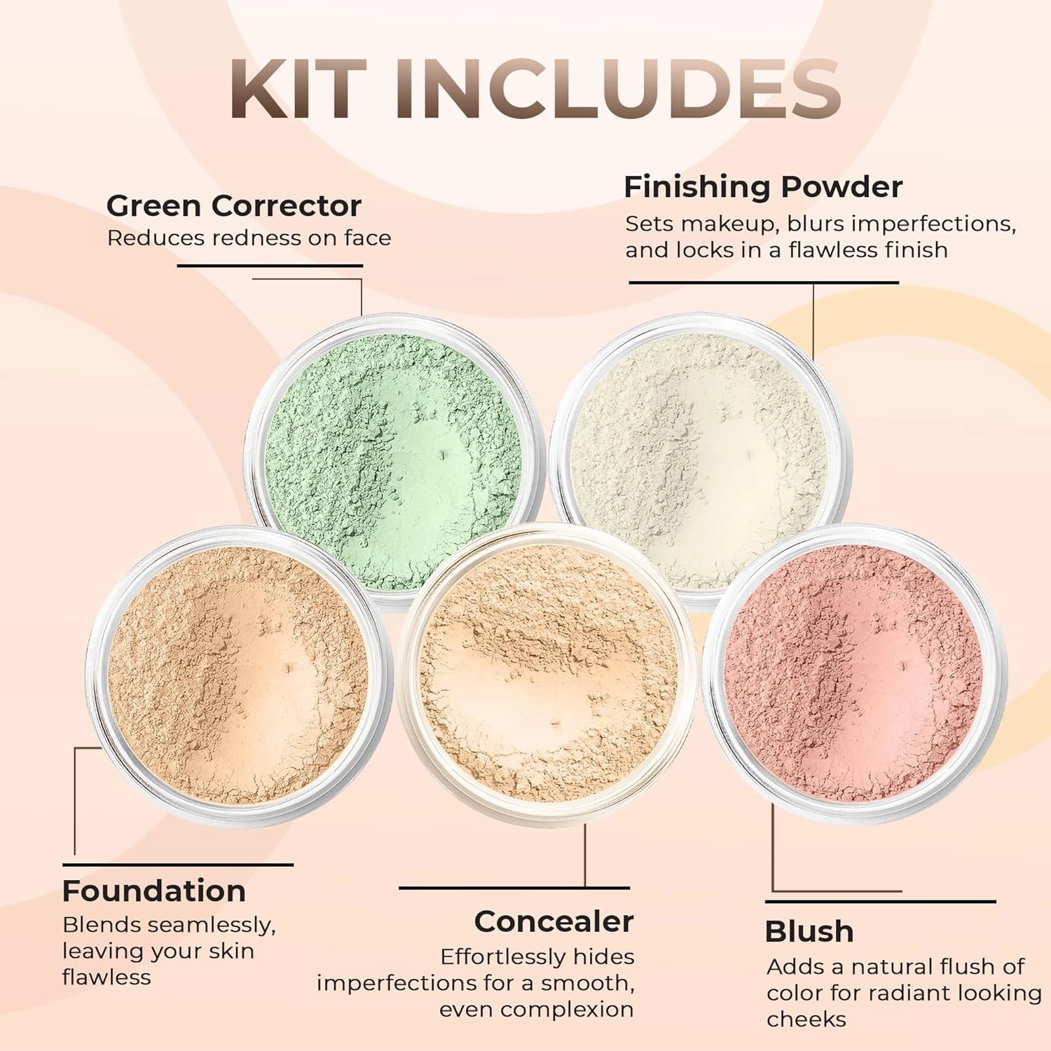 5pc KIT Mineral Makeup Bare Face Set Full Coverage Concealer Blush Foundation Illuminating Powder (Fair Shade 2)