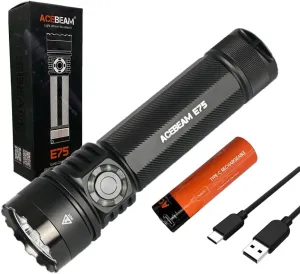 ACEBEAM E75 Quad-Core High-Performance Rechargeable Flashlight High CRI 5000K -3000 Lumens Black w/Battery and Eco Sensa Type C Charging Cable, E75-CRI-5000K-BLACK