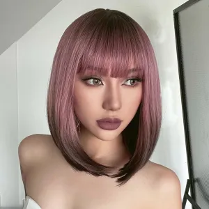 AISI BEAUTY Ash Pink Bob Wig with Bangs Short Straight Wigs for Women 12 Inch Synthetic Straight Hair Wig for Girl Cosplay Party Wear
