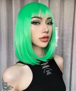 AISI BEAUTY Green Bangs Short Bob Wig - 12 Inch Heat Resistant Synthetic Party Cosplay Wig