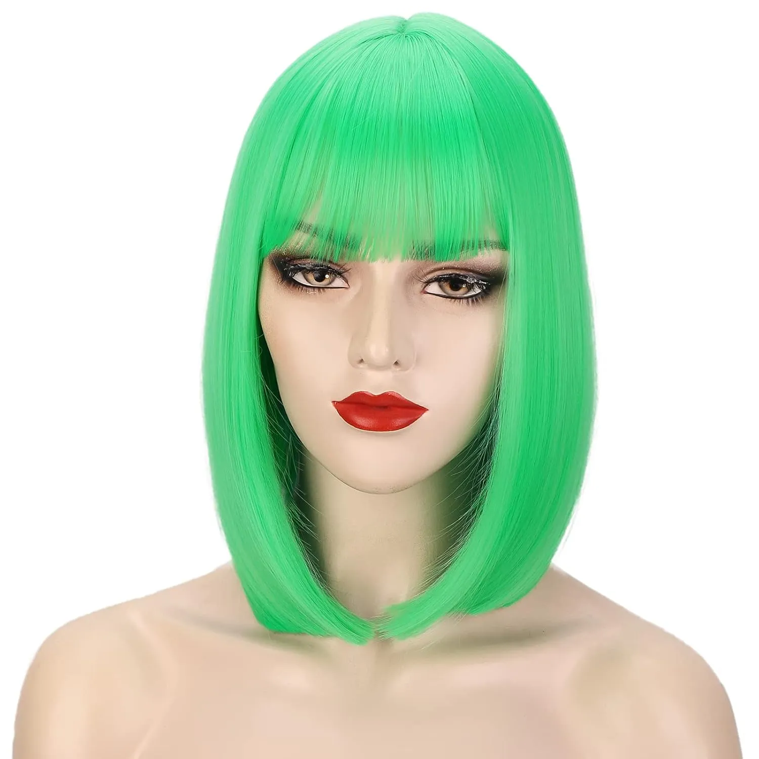 AISI BEAUTY Green Bangs Short Bob Wig - 12 Inch Heat Resistant Synthetic Party Cosplay Wig