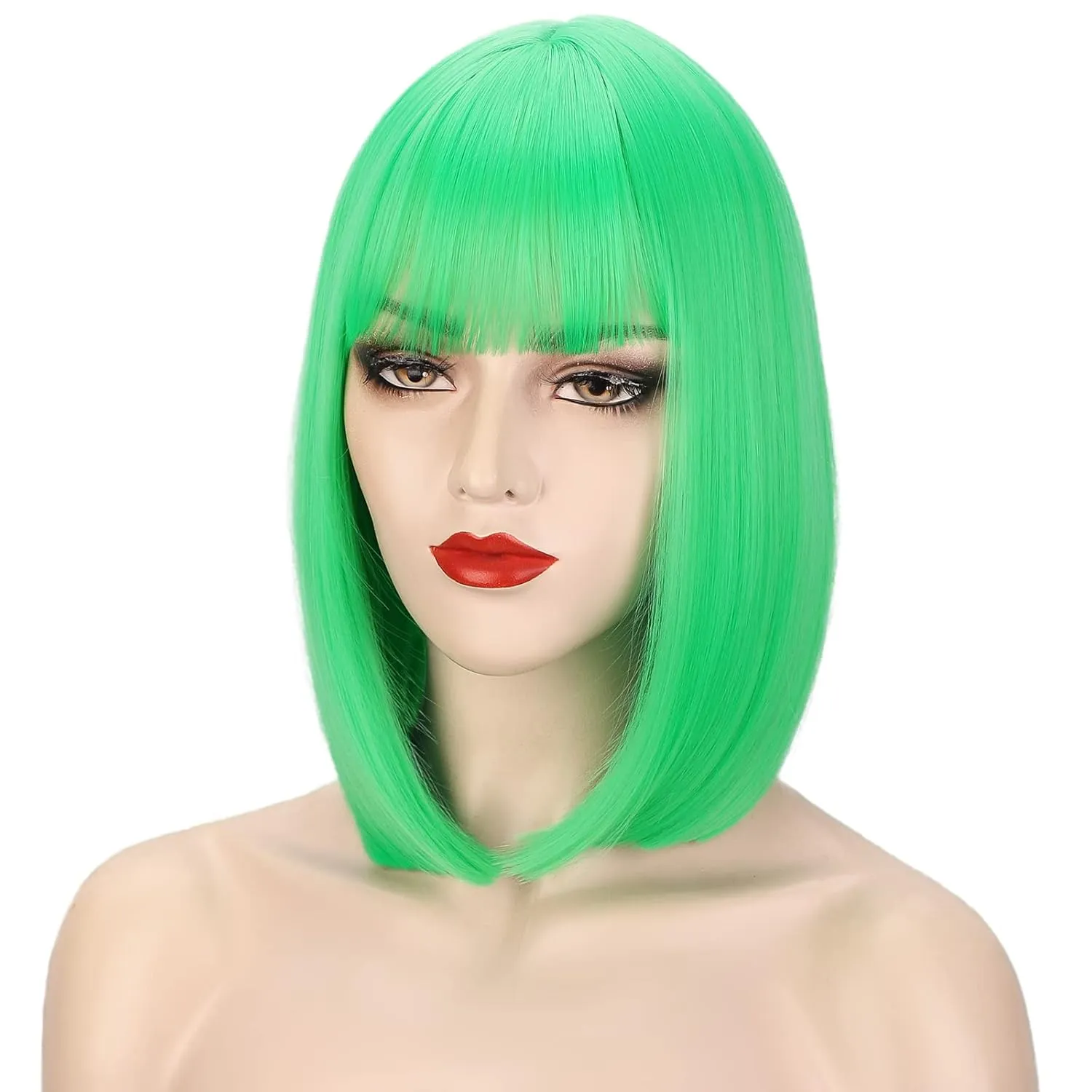 AISI BEAUTY Green Bangs Short Bob Wig - 12 Inch Heat Resistant Synthetic Party Cosplay Wig