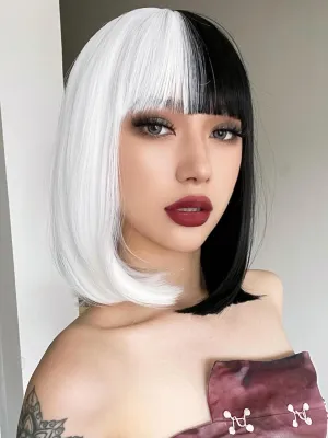 AISI BEAUTY Half Black Half White Bob Wig with Bangs Short Straight Bob Wigs for Women 12 Inch Synthetic Straight Hair Wig for Girl Cosplay Party Wear