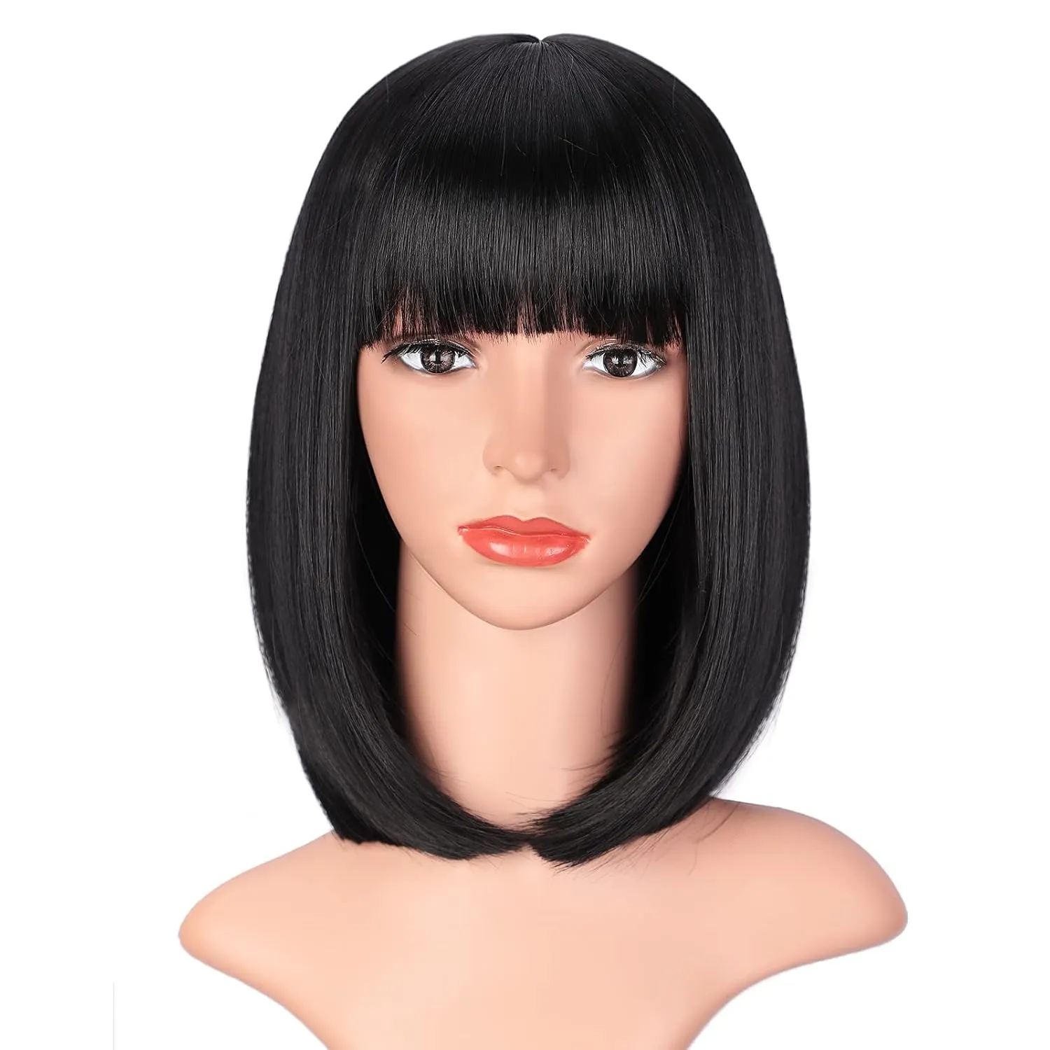 AISI BEAUTY Short Straight Bob Wigs with Bangs Black Synthetic Straight Wigs Full Head Hair Neat Bangs Wigs Natural Looking for Daily Party Use (12 inch, Natural Black)