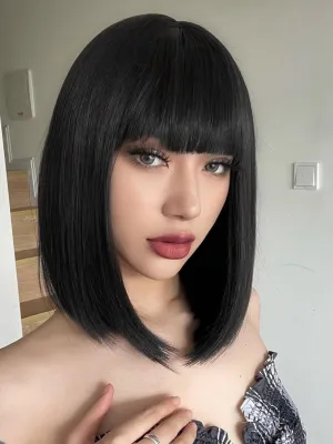 AISI BEAUTY Short Straight Bob Wigs with Bangs Black Synthetic Straight Wigs Full Head Hair Neat Bangs Wigs Natural Looking for Daily Party Use (12 inch, Natural Black)