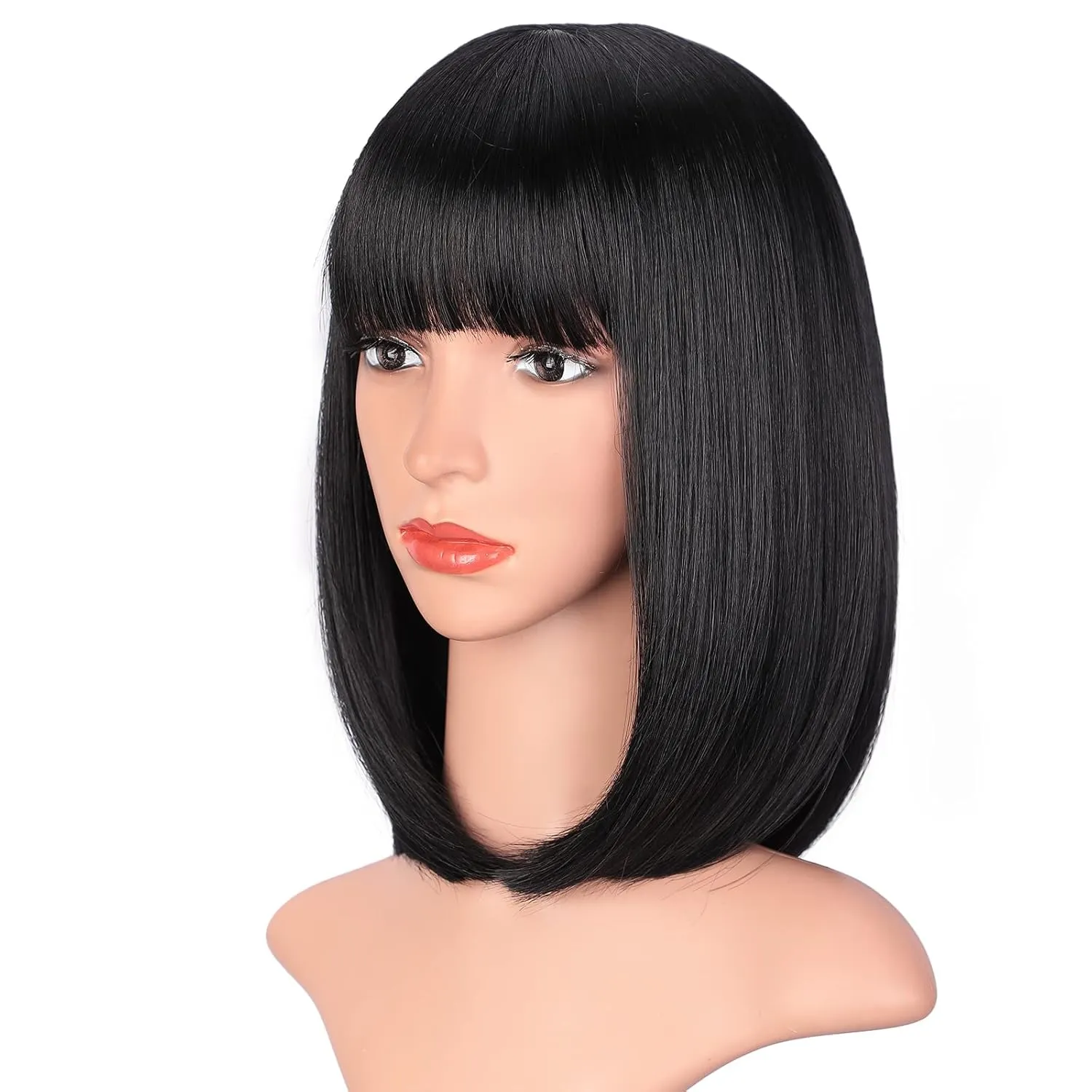 AISI BEAUTY Short Straight Bob Wigs with Bangs Black Synthetic Straight Wigs Full Head Hair Neat Bangs Wigs Natural Looking for Daily Party Use (12 inch, Natural Black)