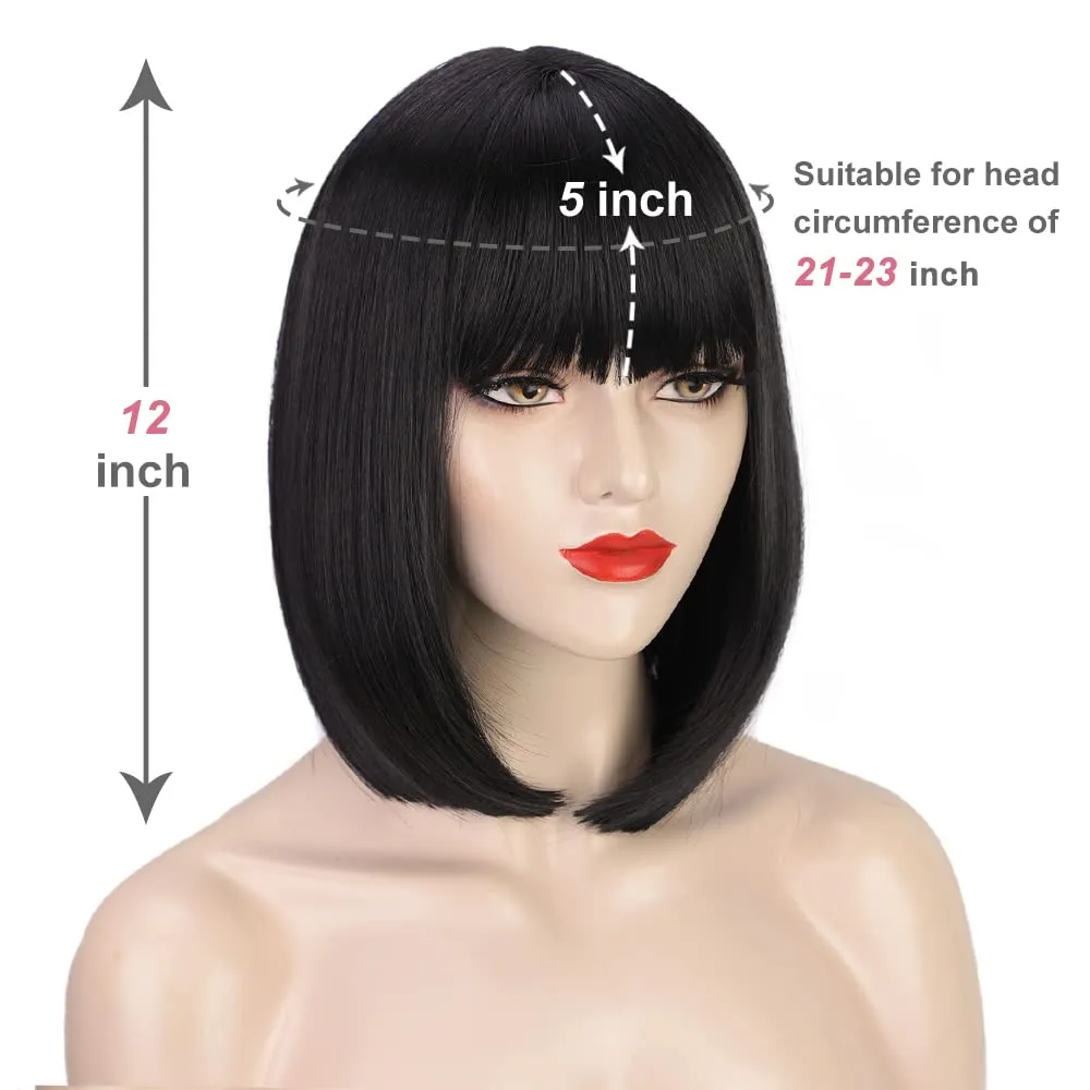 AISI BEAUTY Short Straight Bob Wigs with Bangs Black Synthetic Straight Wigs Full Head Hair Neat Bangs Wigs Natural Looking for Daily Party Use (12 inch, Natural Black)