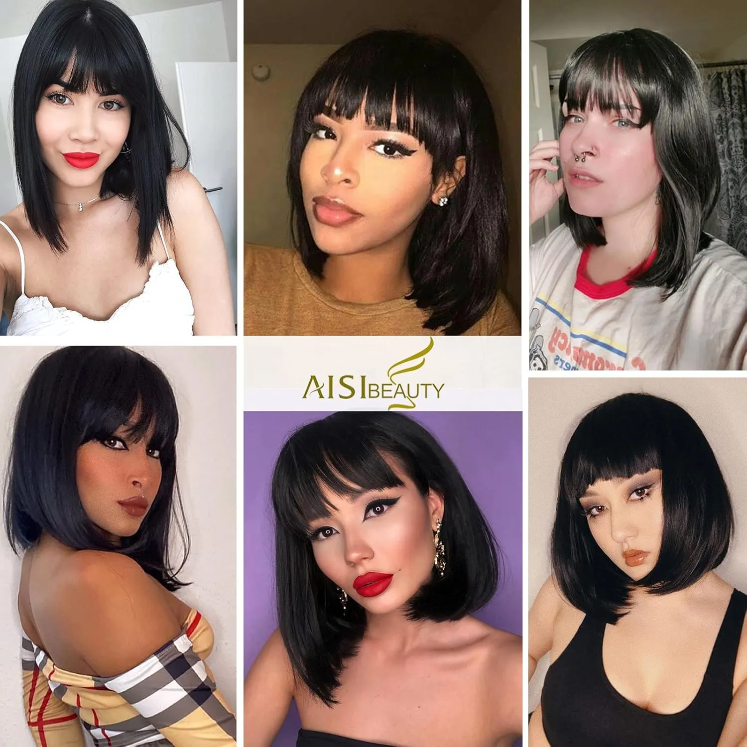 AISI BEAUTY Short Straight Bob Wigs with Bangs Black Synthetic Straight Wigs Full Head Hair Neat Bangs Wigs Natural Looking for Daily Party Use (12 inch, Natural Black)