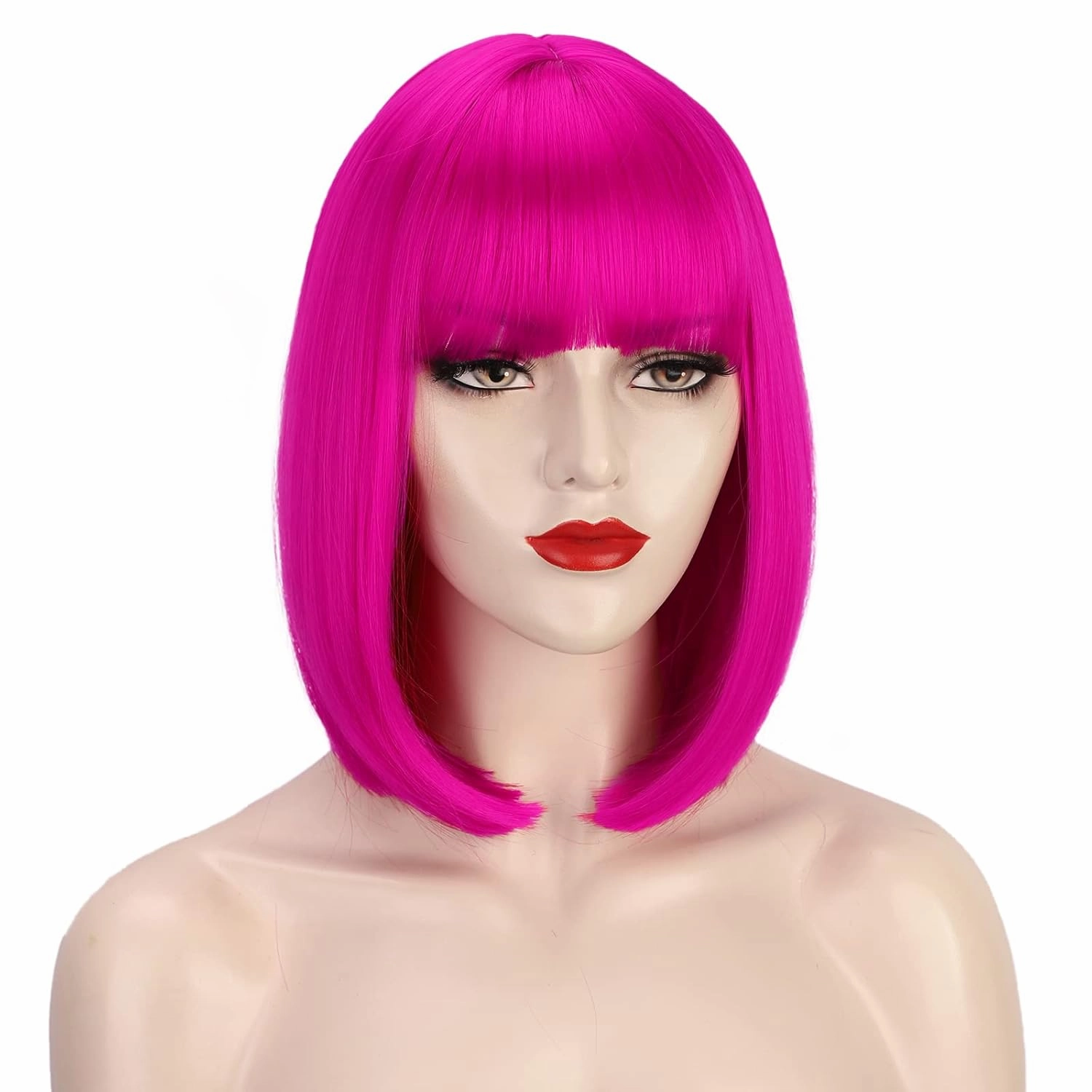 AISI BEAUTY Hot Pink Wig with Bangs Hot Pink Wigs for Women 12 Inch Short Straight Bob Wig Synthetic Hair Colored Wigs for Cosplay Party