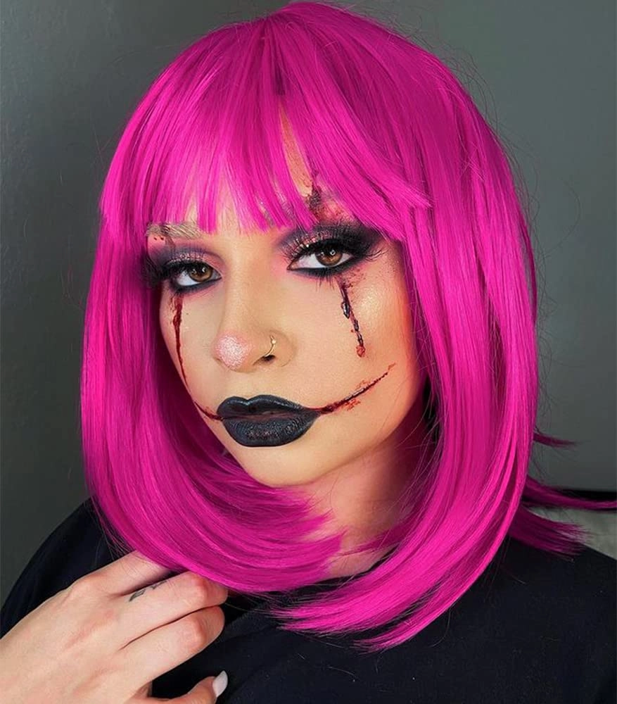 AISI BEAUTY Hot Pink Wig with Bangs Hot Pink Wigs for Women 12 Inch Short Straight Bob Wig Synthetic Hair Colored Wigs for Cosplay Party