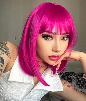 AISI BEAUTY Hot Pink Wig with Bangs Hot Pink Wigs for Women 12 Inch Short Straight Bob Wig Synthetic Hair Colored Wigs for Cosplay Party