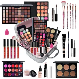 All in One Makeup Kit,Makeup Kit for Women, Teens and Girls, All-in-One Set with Eyeshadow Palettes, Lipsticks, Brushes, Storage Bag,Makeup gift set girls makeup sets ages 8-12 (Silver)