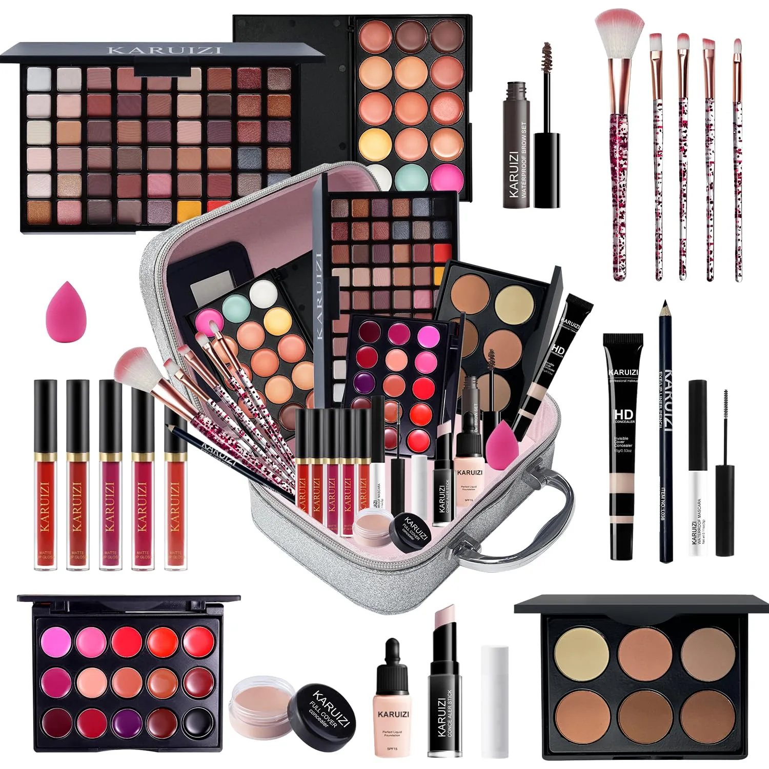 All in One Makeup Kit,Makeup Kit for Women, Teens and Girls, All-in-One Set with Eyeshadow Palettes, Lipsticks, Brushes, Storage Bag,Makeup gift set girls makeup sets ages 8-12 (Silver)