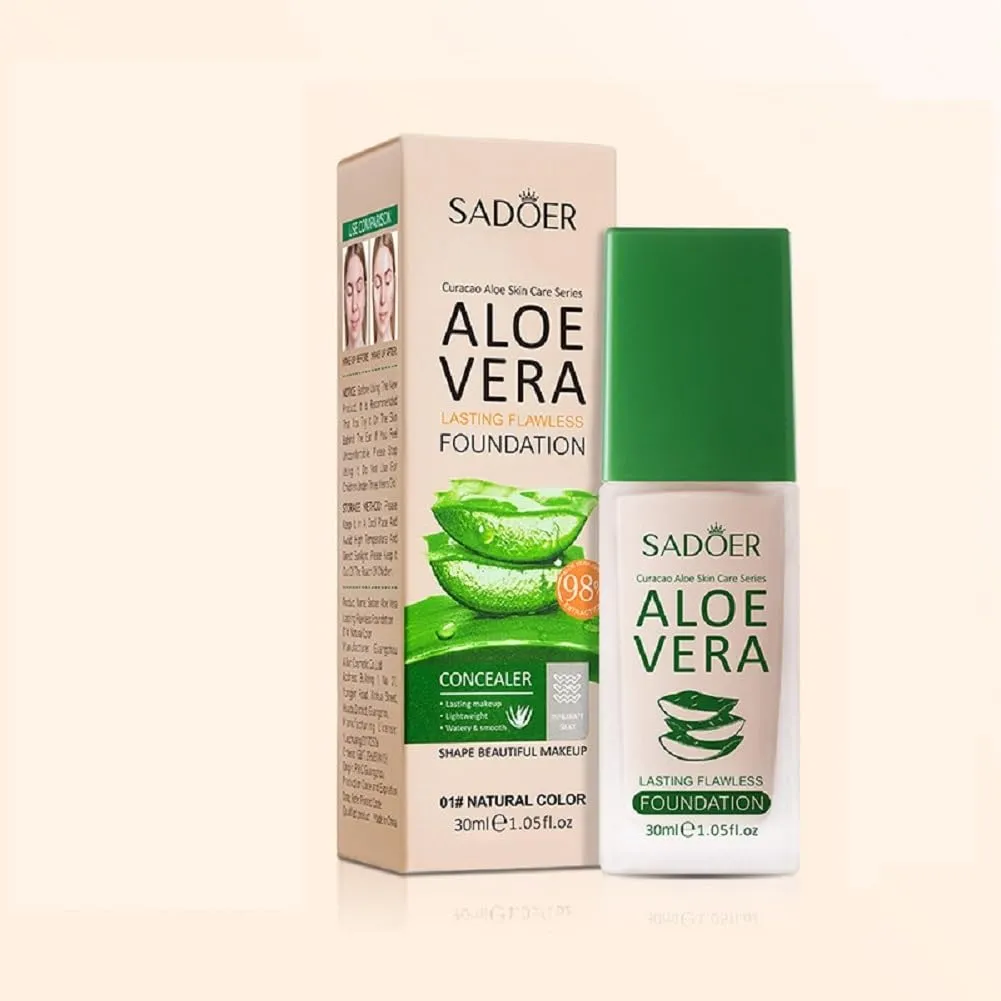 Aloe Vera Makeup Foundation, Long Lasting Full Coverage, Waterproof, Powder and Concealer, Multiple Shades ((Natural color), 30ml)