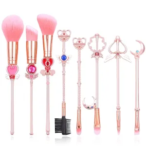Anime Pink Metal Magic Wand Handle Makeup Brushes Set - Professional Eye/Face/Lip Brushes Kit, Perfect for Cosplay, Gifts, and Daily Use