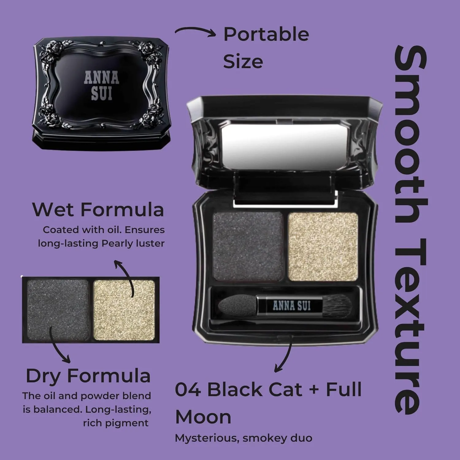 ANNA SUI - Eye Color Compact - Two-Tone Eye Shadow Fillers for Eyeshadow Palette - Black and Gold Long-Lasting Eye Makeup - 04 Black Cat x Full Moon - 0.05 oz.