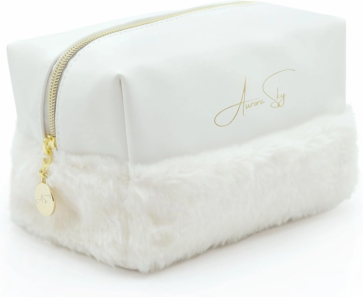 Aurora Sky Fluffy Bottom Makeup Bag Organizer – Portable Toiletry Travel Case – Cute Cosmetic Bag for Woman & Girls – Waterproof Soft Vegan Leather Pouch – Medium Size Storage (White)