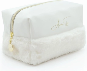 Aurora Sky Fluffy Bottom Makeup Bag Organizer – Portable Toiletry Travel Case – Cute Cosmetic Bag for Woman & Girls – Waterproof Soft Vegan Leather Pouch – Medium Size Storage (White)
