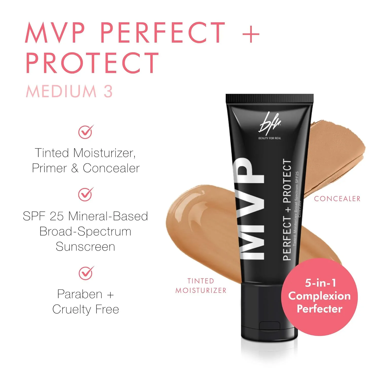Beauty For Real MVP Tinted Moisturizer & Concealer, Medium 3 - Also Acts as a Primer, SPF 25 Sunscreen & Complexion Perfector - Anti-Aging Hydration & Coverage - 1.5 fl oz