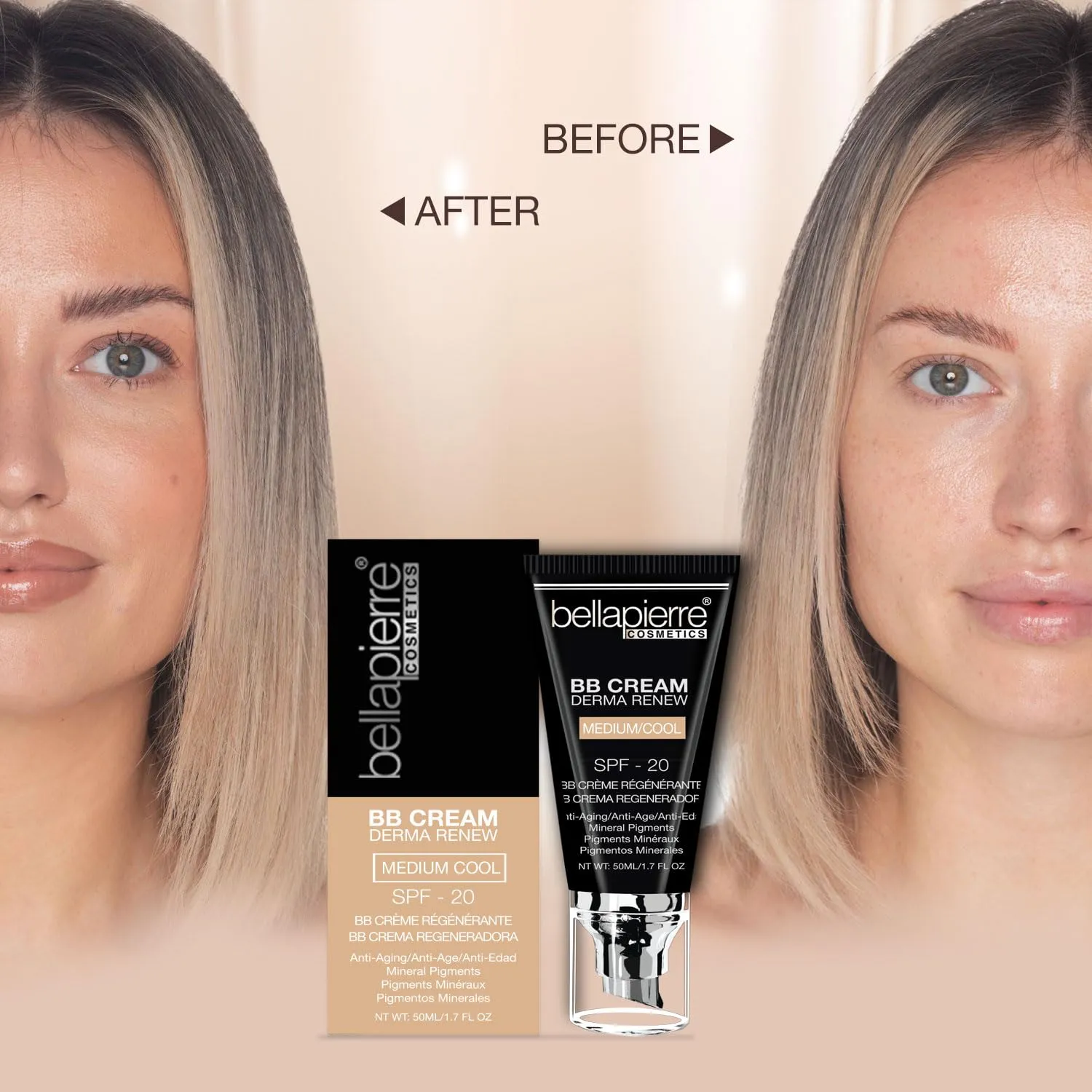 bellapierre BB Cream with SPF 20 - Tinted Sunscreen, Concealer, Matte Foundation, & Moisturizing Face Cream | Lightweight Formula   Pump Top Applicator | Paraben Free | 1.7 Oz - Medium Cool