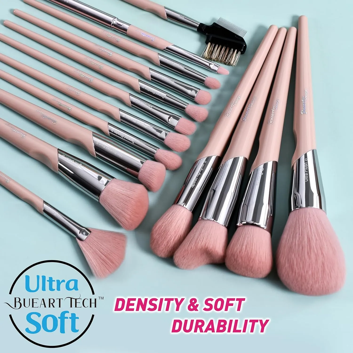 Bueart design 16Pcs ULTRA SOFT Labeled Best Makeup Brushes set with Travel Holder case face Contour Foundation brushes (16Pcs Elegant Pink Holder)
