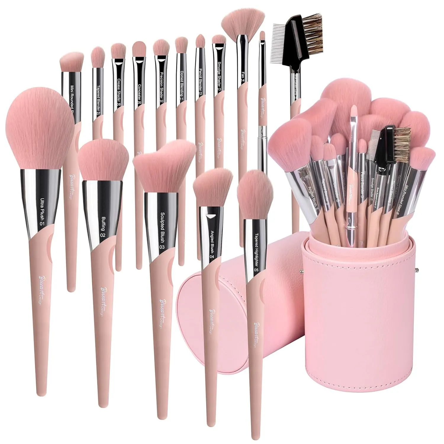 Bueart design 16Pcs ULTRA SOFT Labeled Best Makeup Brushes set with Travel Holder case face Contour Foundation brushes (16Pcs Elegant Pink Holder)
