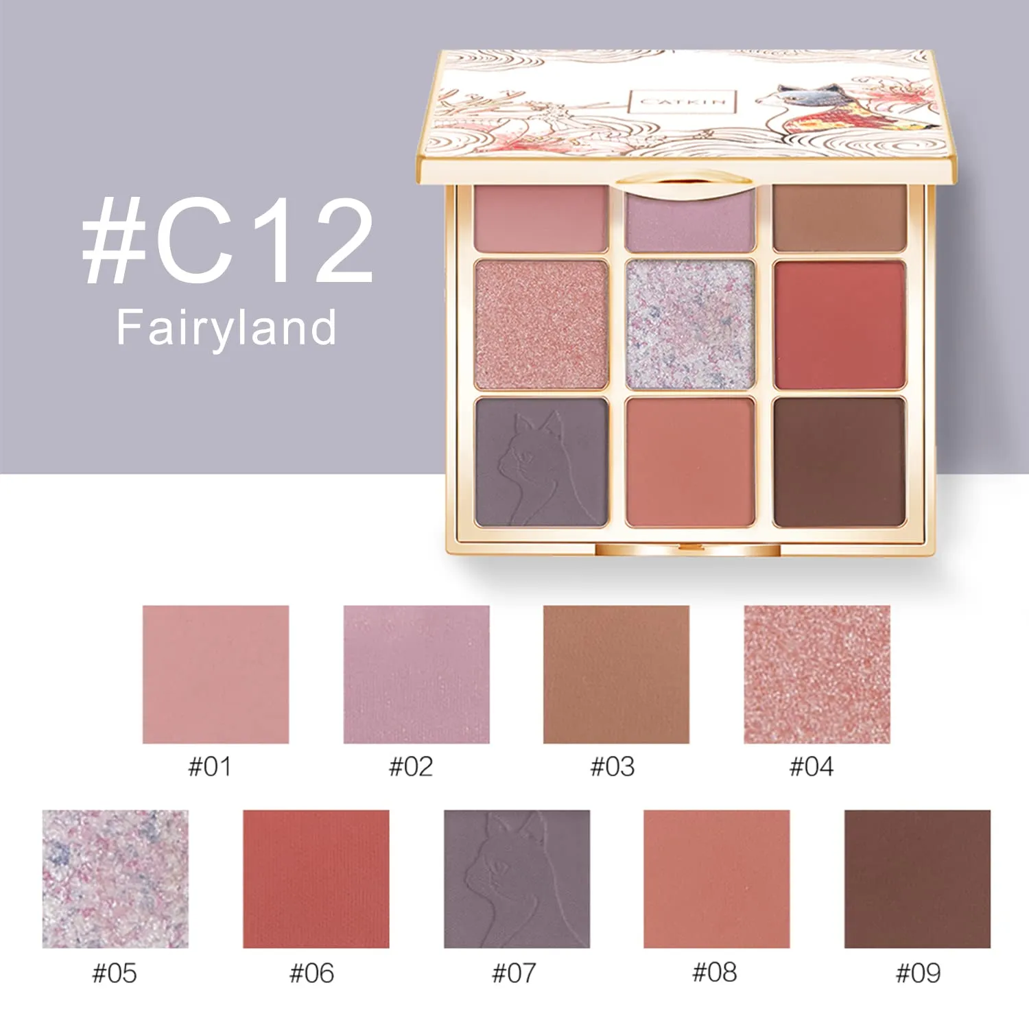Catkin Eyeshadow Palettes 9 Blendable Shades Smooth Long Lasting Eyeshadow Matte and Glitter Eye Makeup Highly Pigmented Makeup Palettes C12