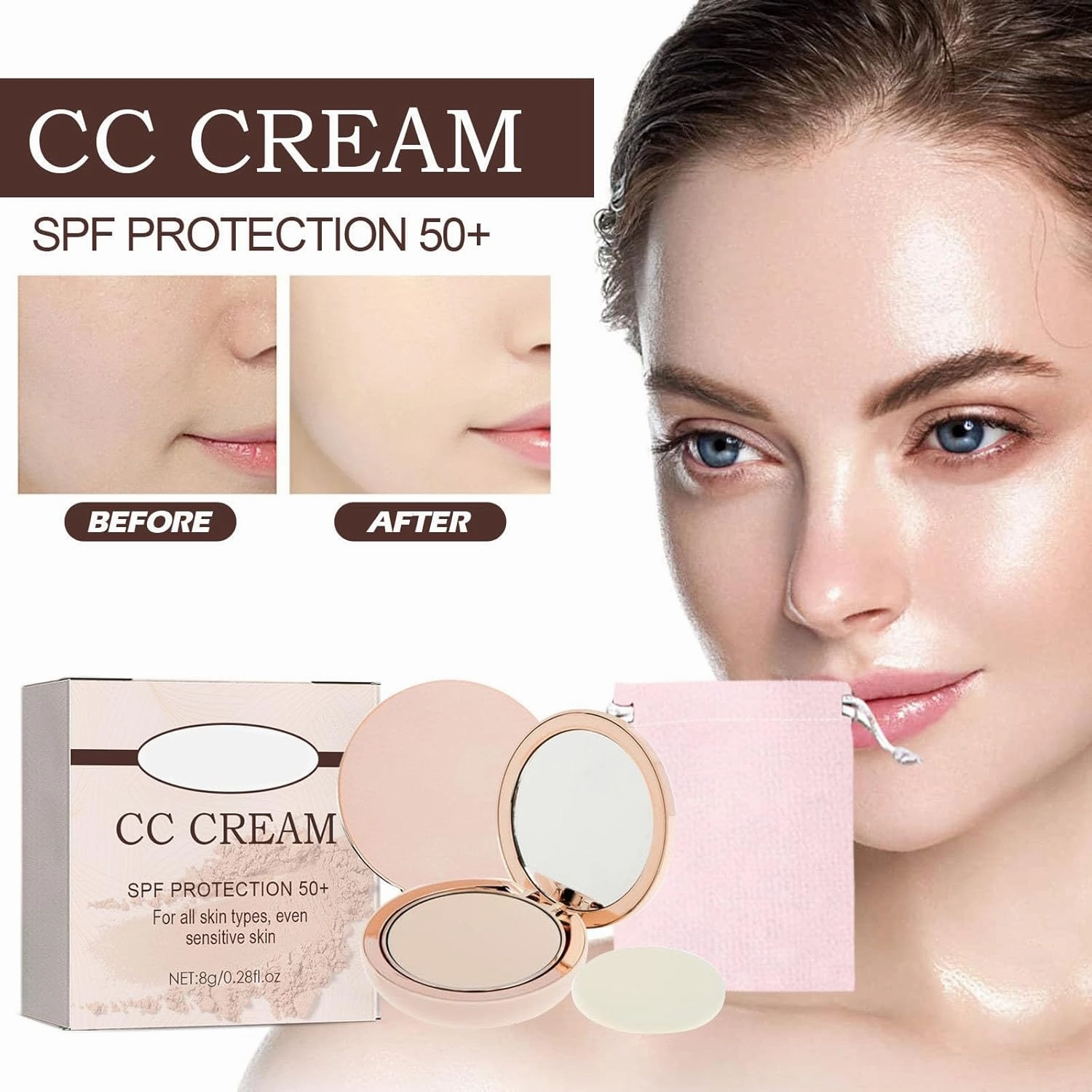 CC Creamy Compact Spf 50, Full Coverage Concealer, Foundation Concealer, Color Correcting Concealer, Always CC Creamy Compact Spf 50  and Pouch (Medium Brown)