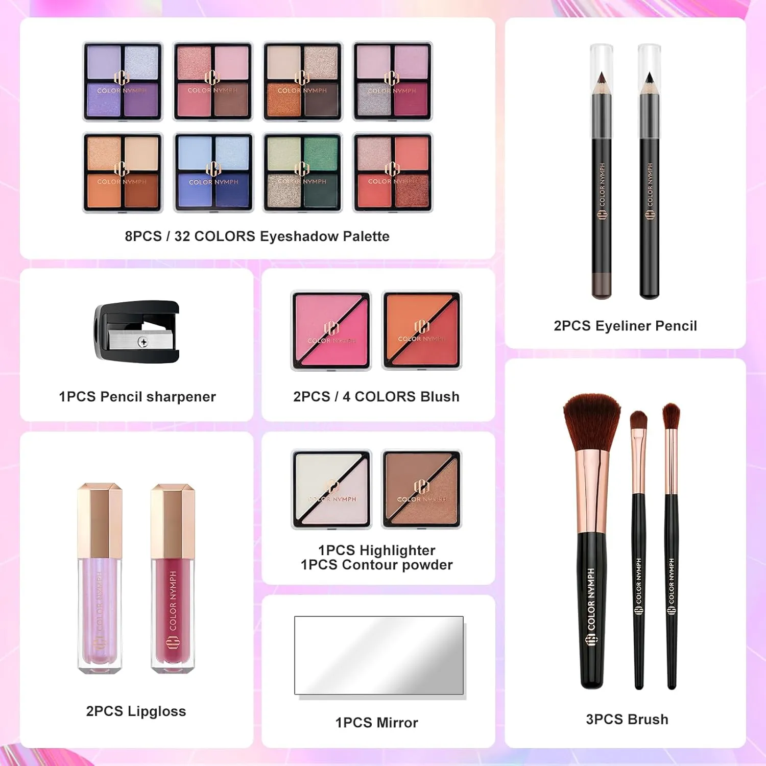 Color Nymph Beginners Makeup Kit With Train Case For Teenagers Girls, Full Starter Cosmetics Set Included 32 Colors Eyeshadow, Bronzer, Contour Powder, Blush, Highlighter, Lip Gloss (Black)
