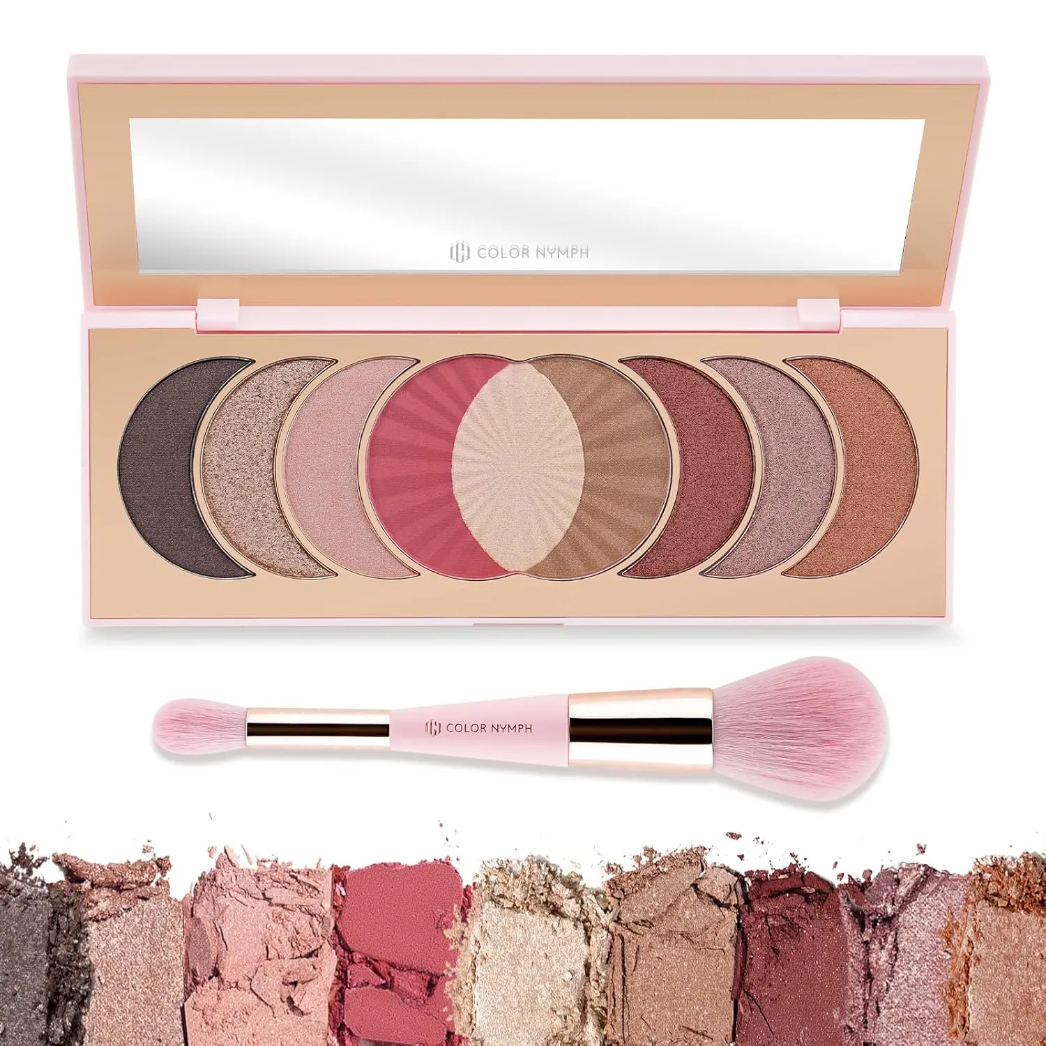 Color Nymph Blush Bronzer Highlighter Palette丨9 Colors Shimmer Eyeshadow Makeup Palettes, High-Pigment Travel Makeup Pallet with Mirror Brush, Cruelty-free & Talc-free